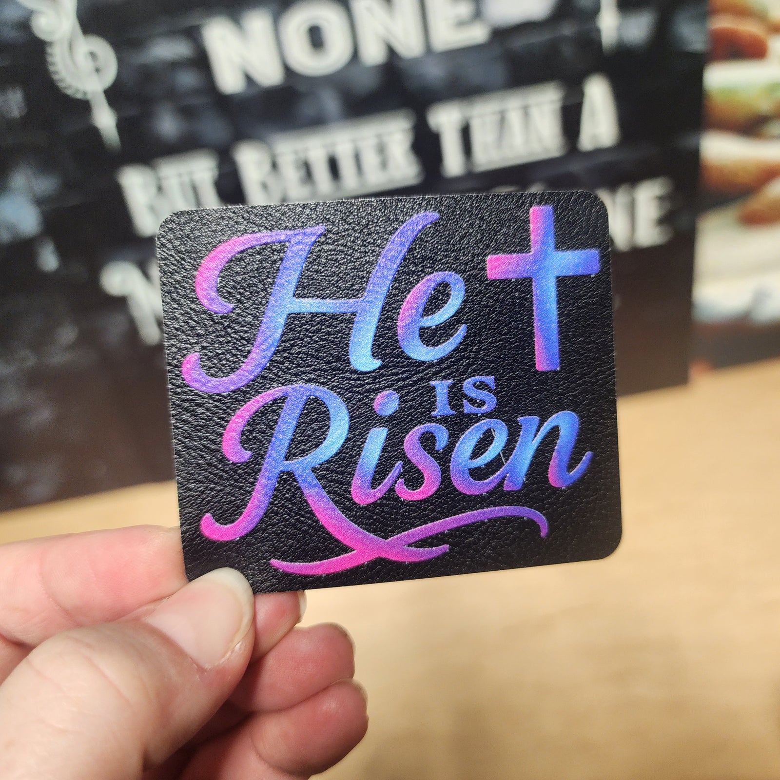 He is Risen leatherette hat patch, perfect for Easter celebrations and faith-inspired accessories.