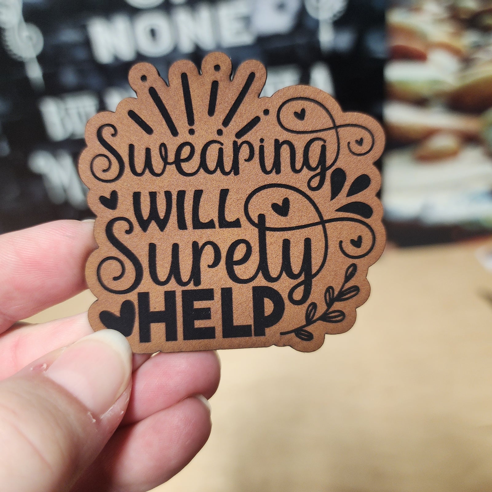 Swearing will surely help leatherette hat patch, humorous patch for hats, trendy patch for gifts, fun accessories.