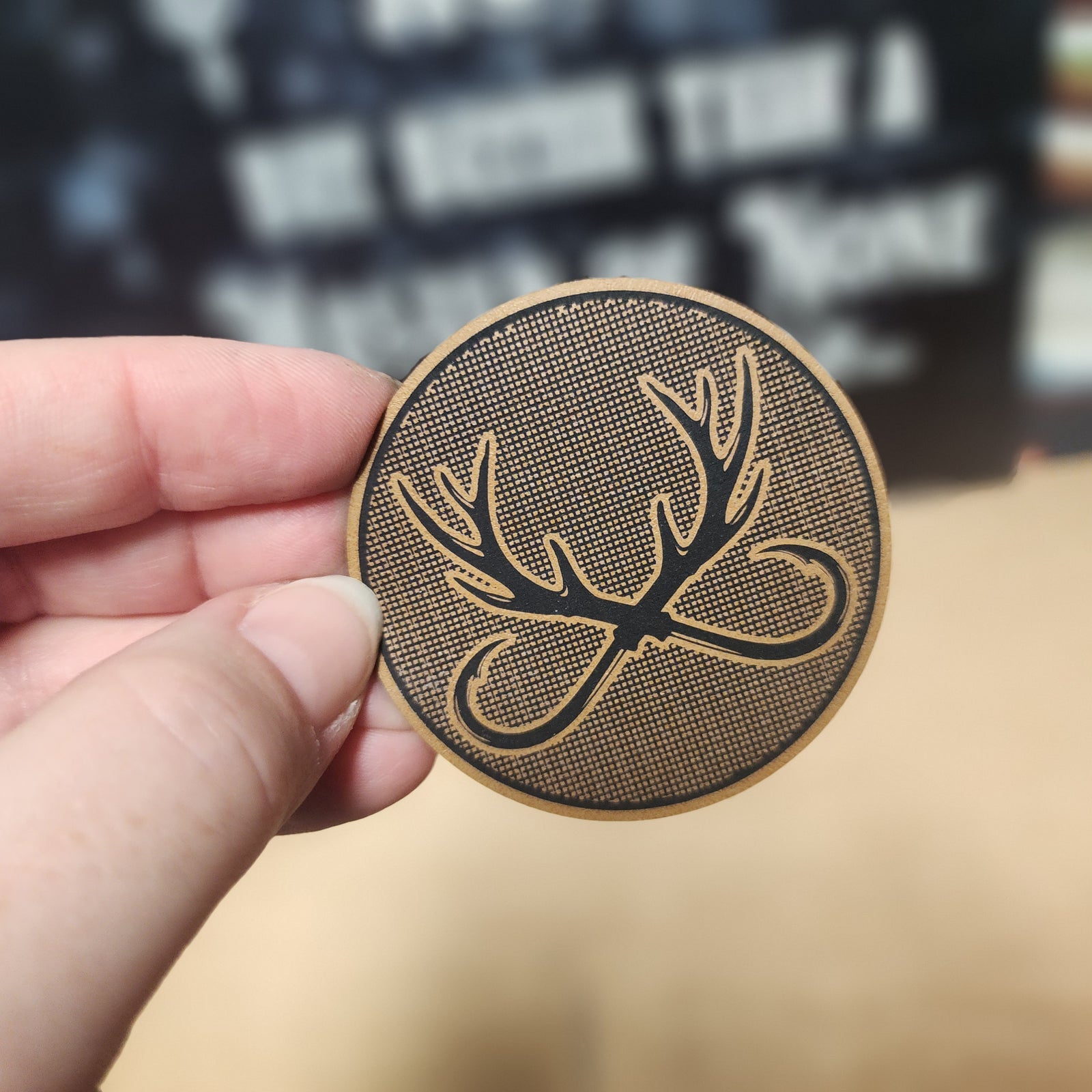 Antler leatherette hat patch for outdoors enthusiasts, showcasing a stylish design perfect for hats and apparel.