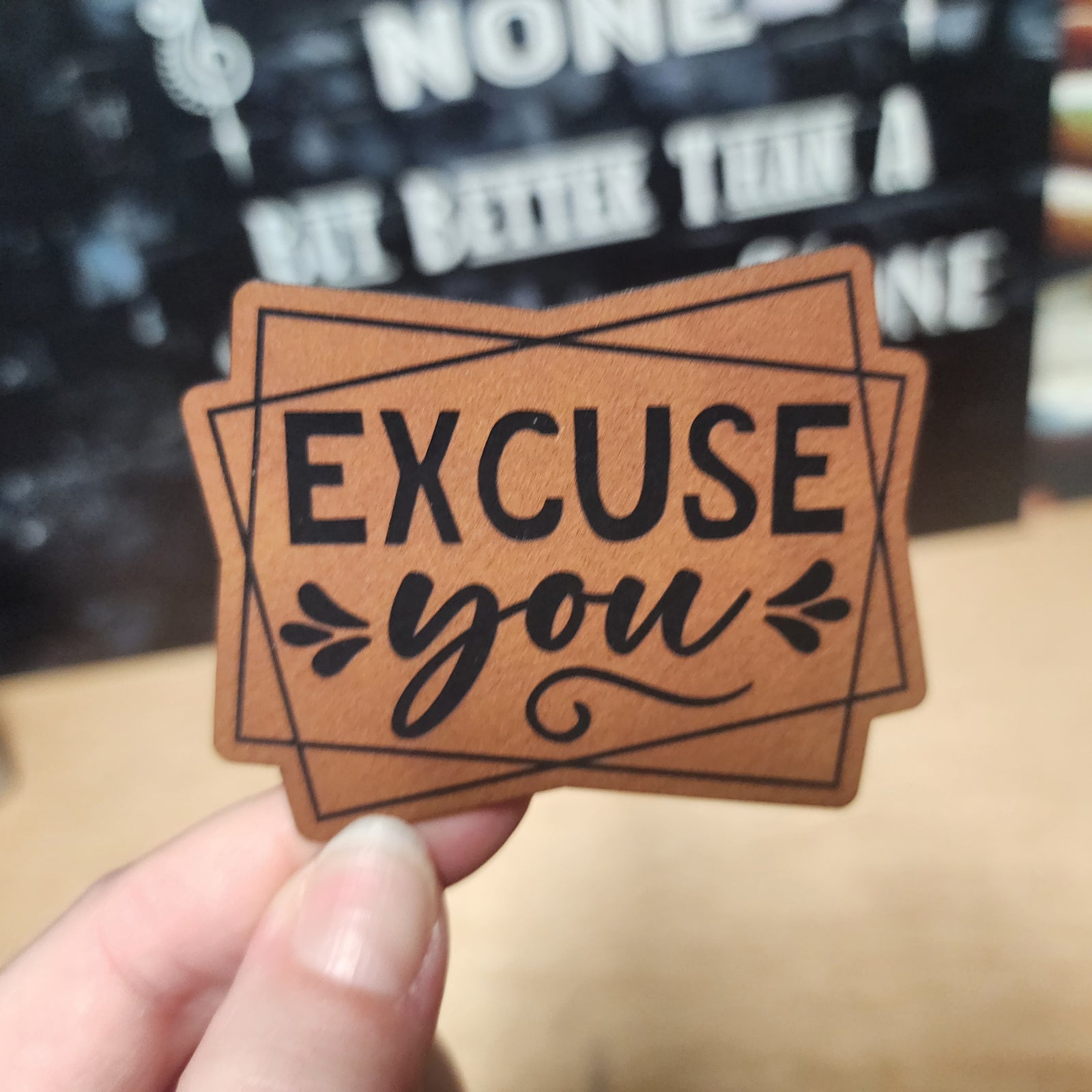 Leatherette hat patch with 'Excuse You' design, perfect for personalized caps or accessories.