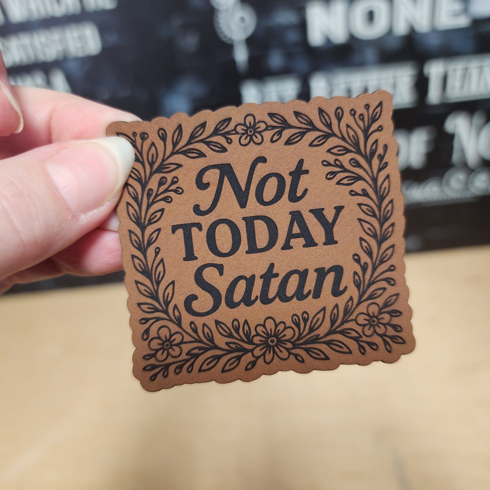 Not Today Satan leatherette hat patch, unique embroidered patch for hats, quirky gift idea for humor lovers.