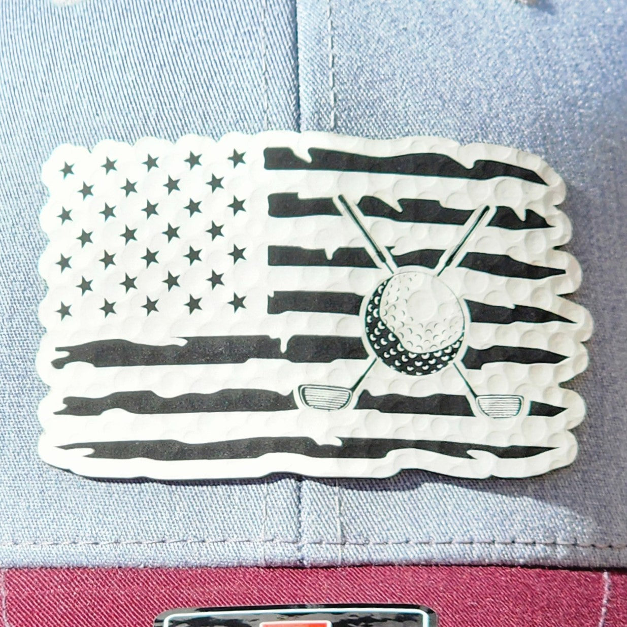USA flag leatherette hat patch featuring golf ball and clubs, perfect for golf enthusiasts and patriotic style.