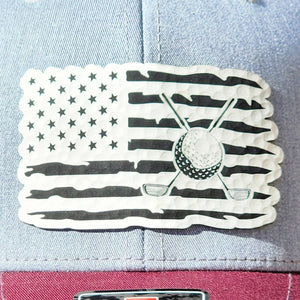 USA flag leatherette hat patch featuring golf ball and clubs, perfect for golf enthusiasts and patriotic style.