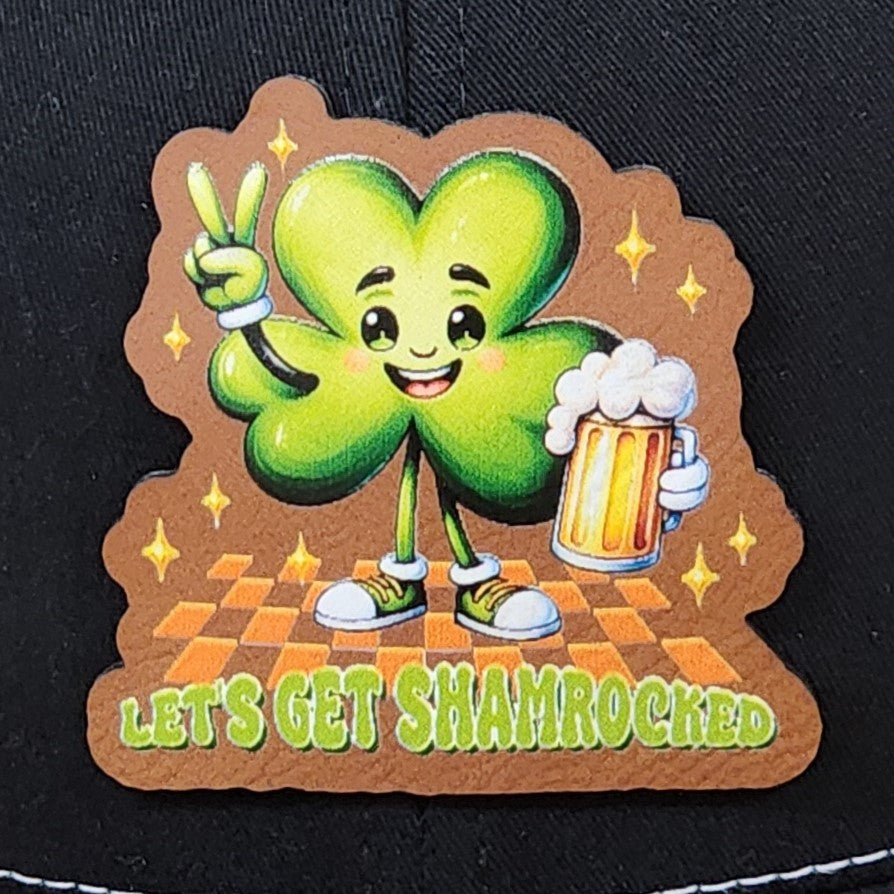 St. Patrick's Day leatherette hat patch featuring a cheerful shamrock with a beer, perfect for festive celebrations.