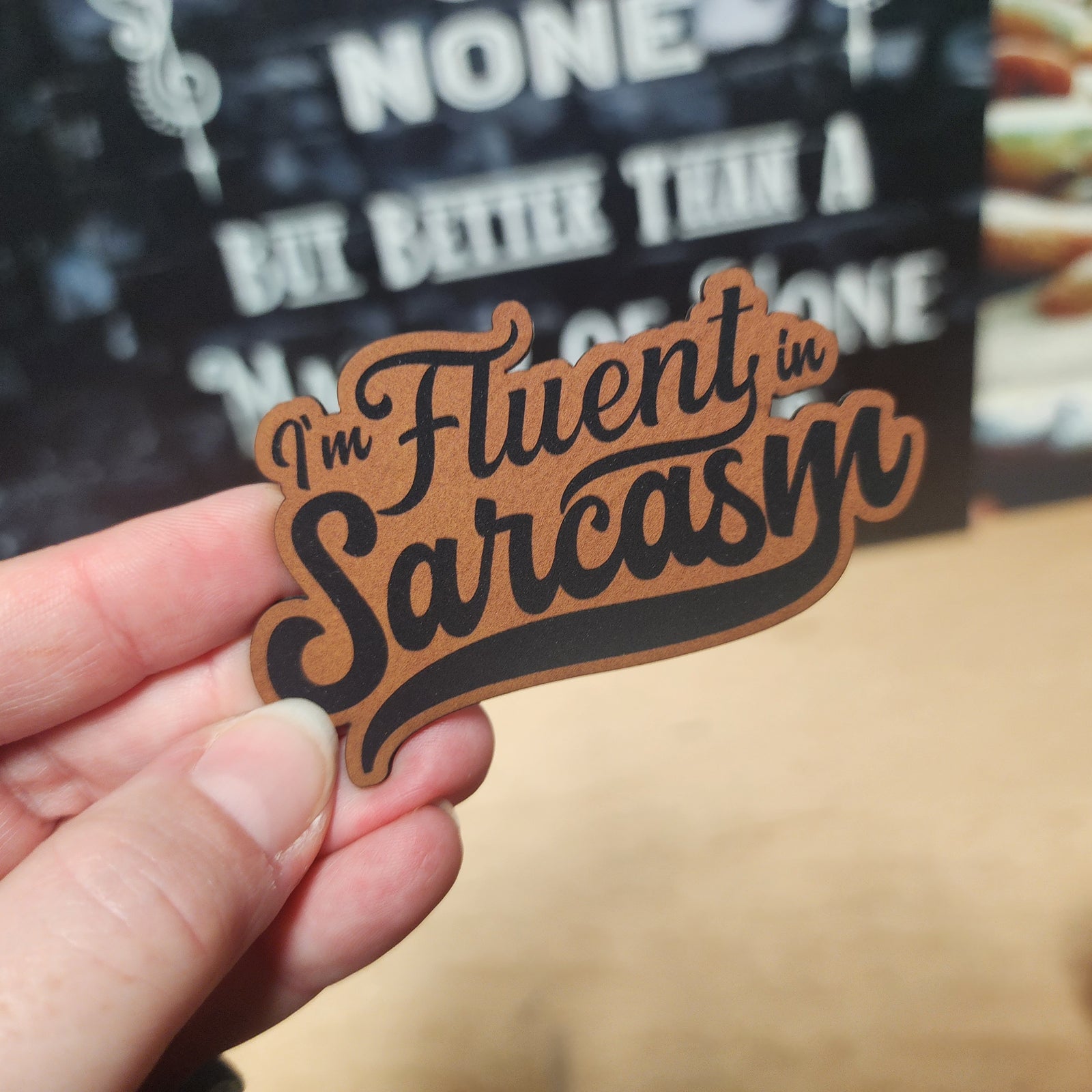 I'm Fluent in Sarcasm leatherette hat patch for humor lovers, perfect for quirky accessories and personal expression.
