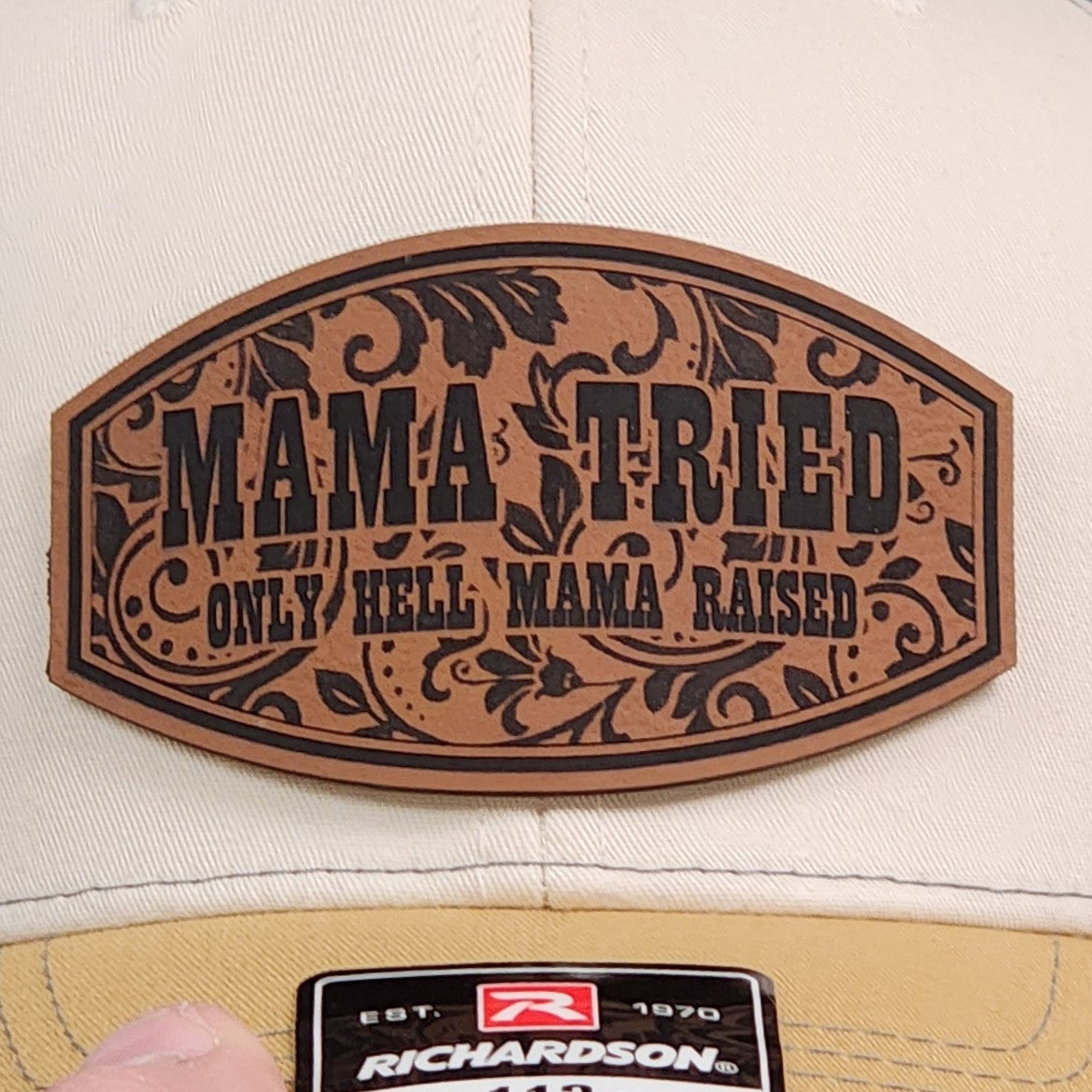Mama Tried leatherette hat patch with floral design, perfect for stylish caps and gifts for mothers.