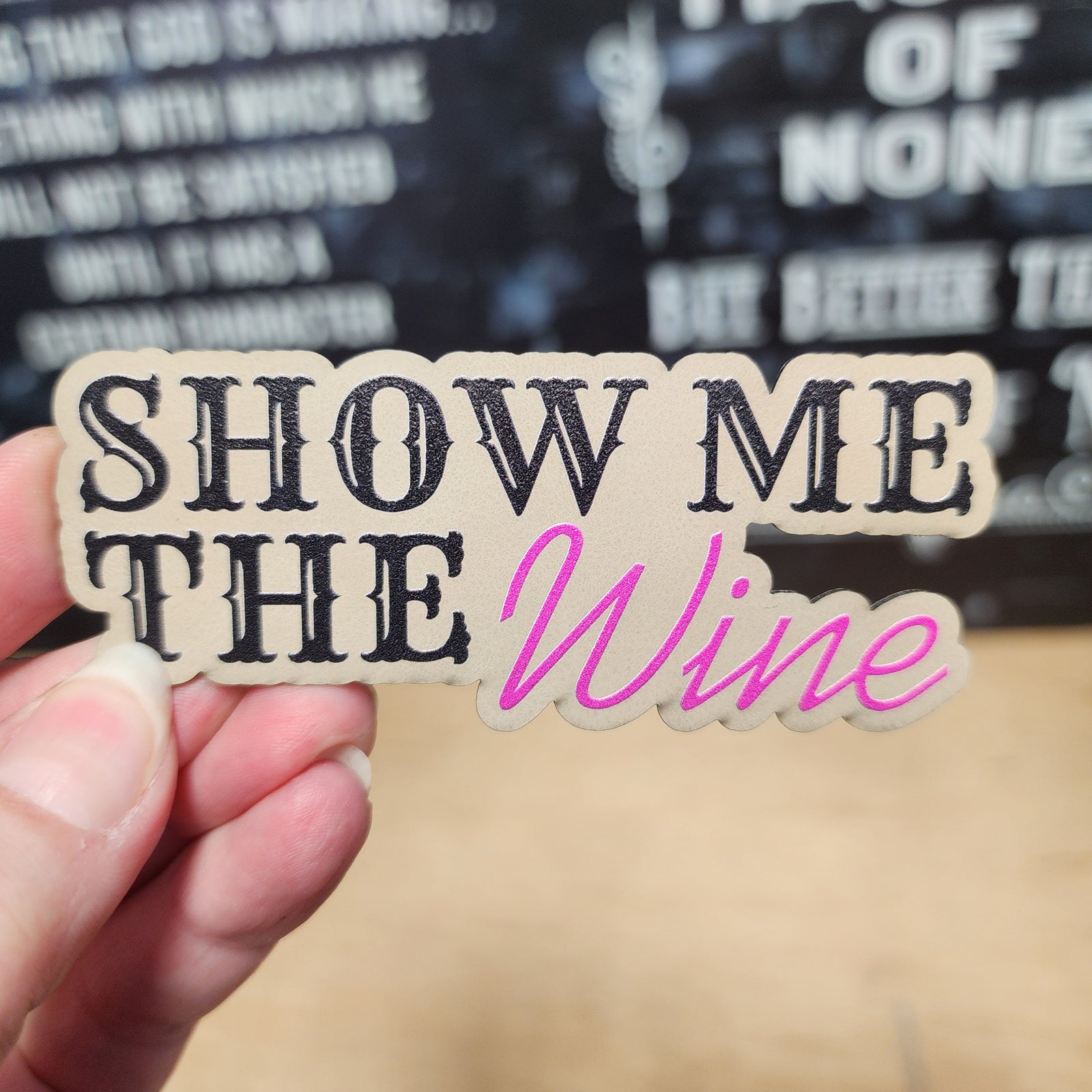 Show Me The Wine leatherette hat patch, perfect accessory for wine lovers and fun outdoor celebrations.