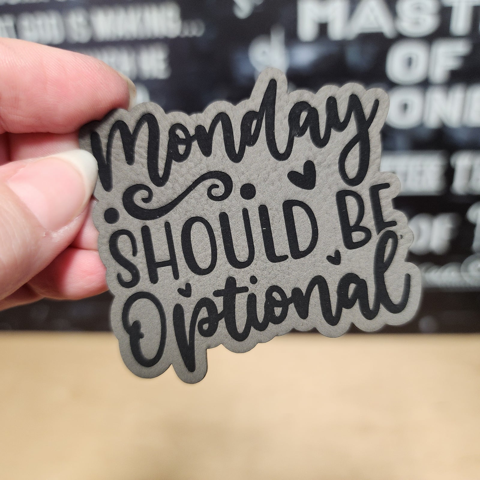 Monday Should Be Optional leatherette patch for hats, perfect for casual wear and fun accessories.