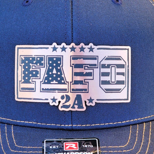 FAFO 2A leatherette hat patch on a blue cap, perfect for patriotic and Second Amendment enthusiasts.