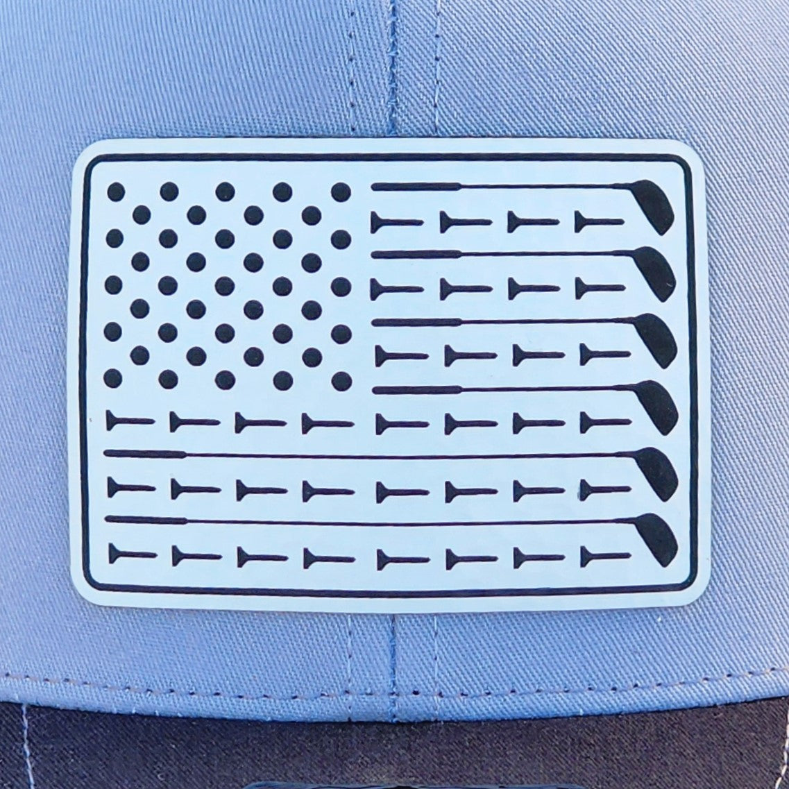 Patriotic golf-themed leatherette hat patch featuring a flag design with golf tees, perfect for golf enthusiasts.