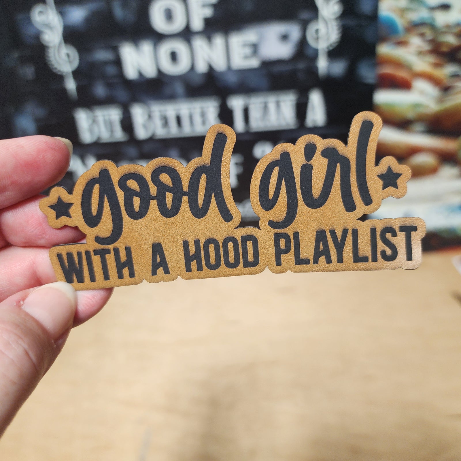 Good girl with a hood playlist leatherette hat patch, perfect for trendy caps and unique fashion accessories.