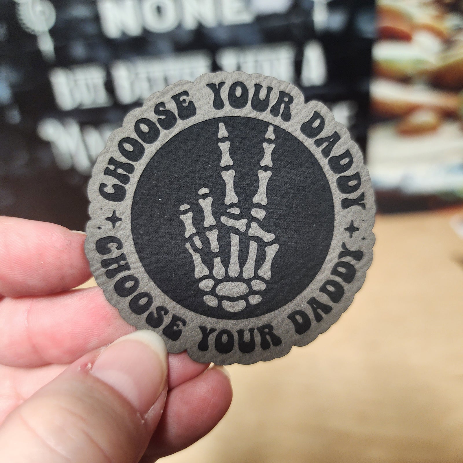 Choose Your Daddy leatherette hat patch featuring a skeleton hand design, perfect for edgy fashion or gifts.