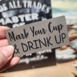 Mark Your Cup leatherette hat patch, perfect for drinkware personalization at parties or gatherings.