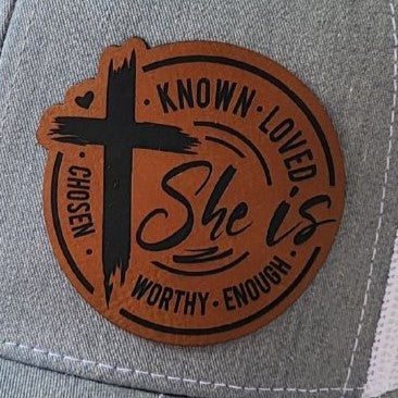 She is Known Loved Chosen Worthy Enough leatherette hat patch for faith-inspired fashion and empowerment.