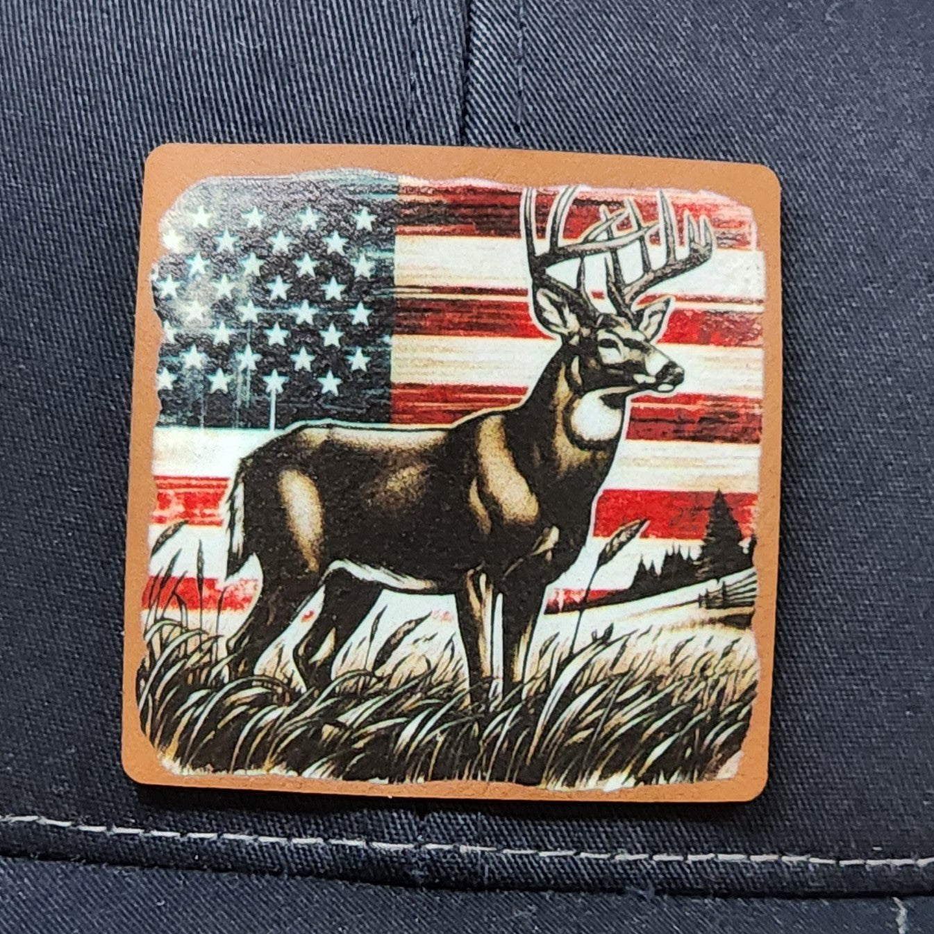 American flag deer patch, leatherette hat patch featuring a majestic buck with stars and stripes design.