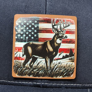 American flag deer patch, leatherette hat patch featuring a majestic buck with stars and stripes design.