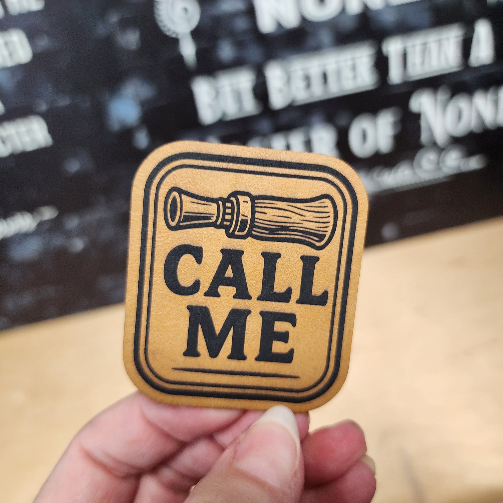 Leatherette hat patch with retro call me design, perfect for custom hats or casual accessories.