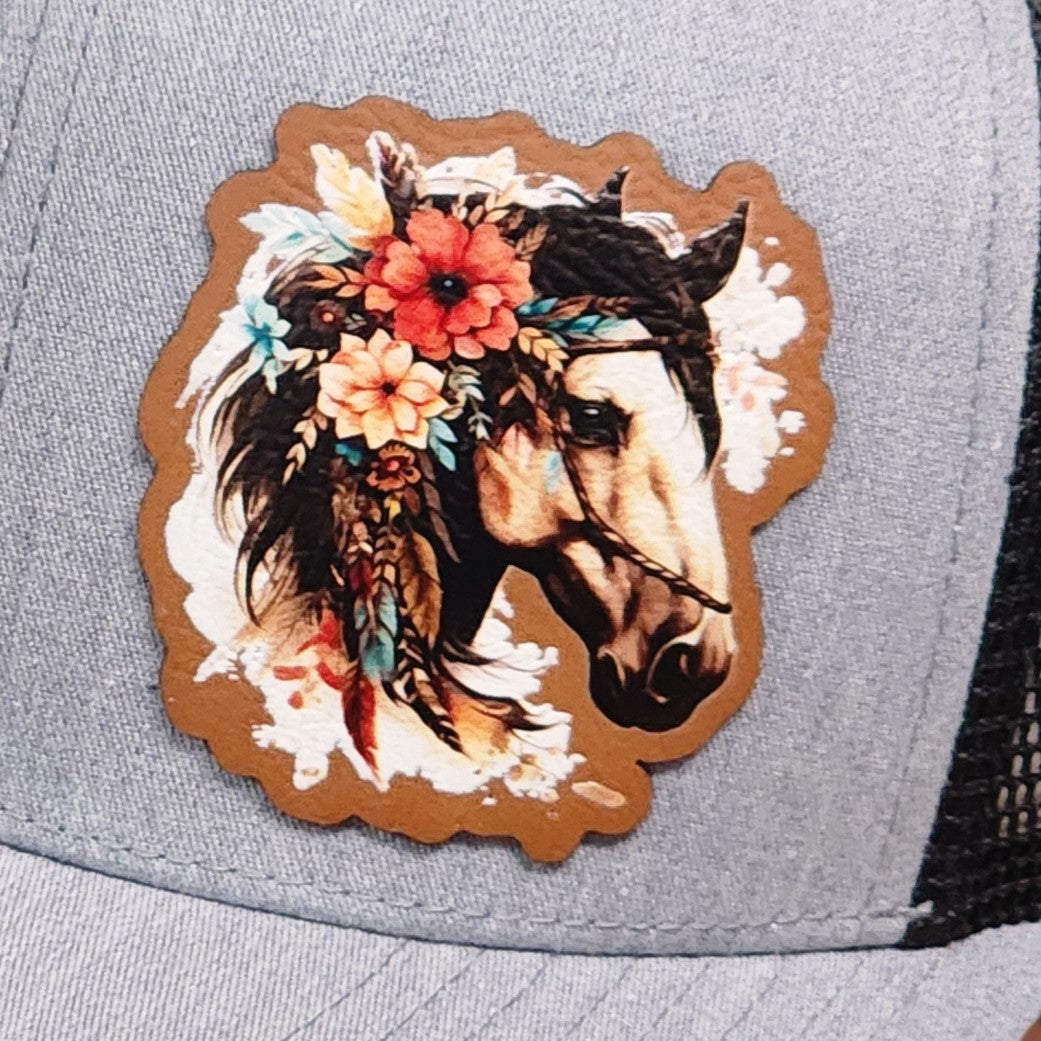 Floral horse leatherette hat patch for Western fashion, perfect for equestrian enthusiasts and outdoor adventures.