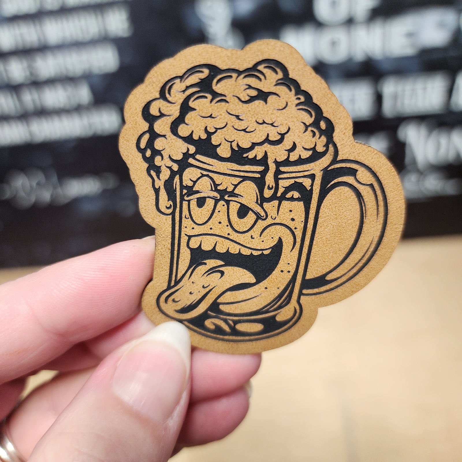 Funny beer mug leatherette patch with cartoon character, perfect for drink lovers or bar enthusiasts.