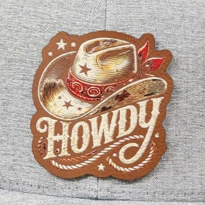 Howdy leatherette hat patch featuring a cowboy hat and western design, perfect for country style enthusiasts.