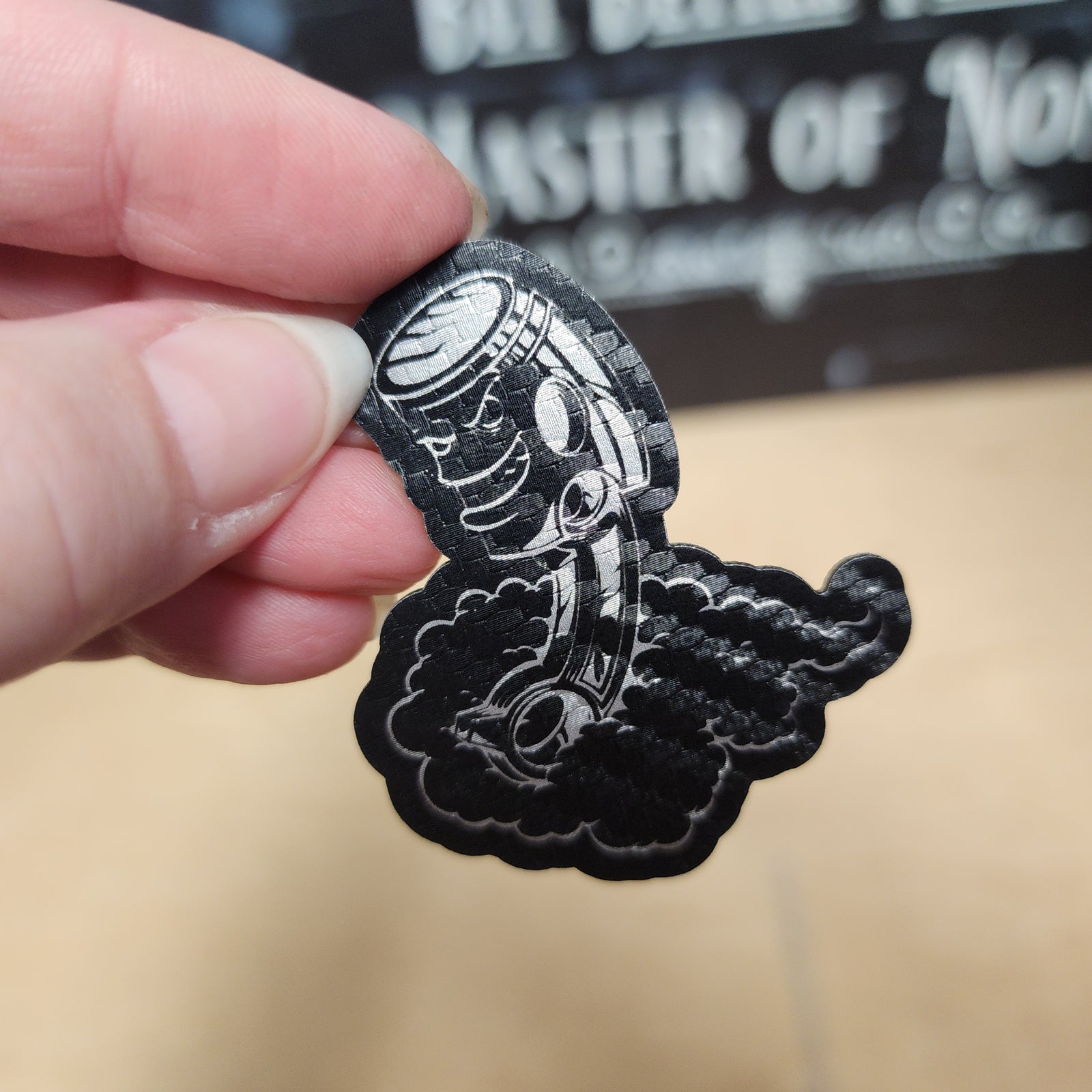 Unique leatherette hat patch featuring a funky cartoon skeleton with smoke, perfect for edgy hats and accessories.