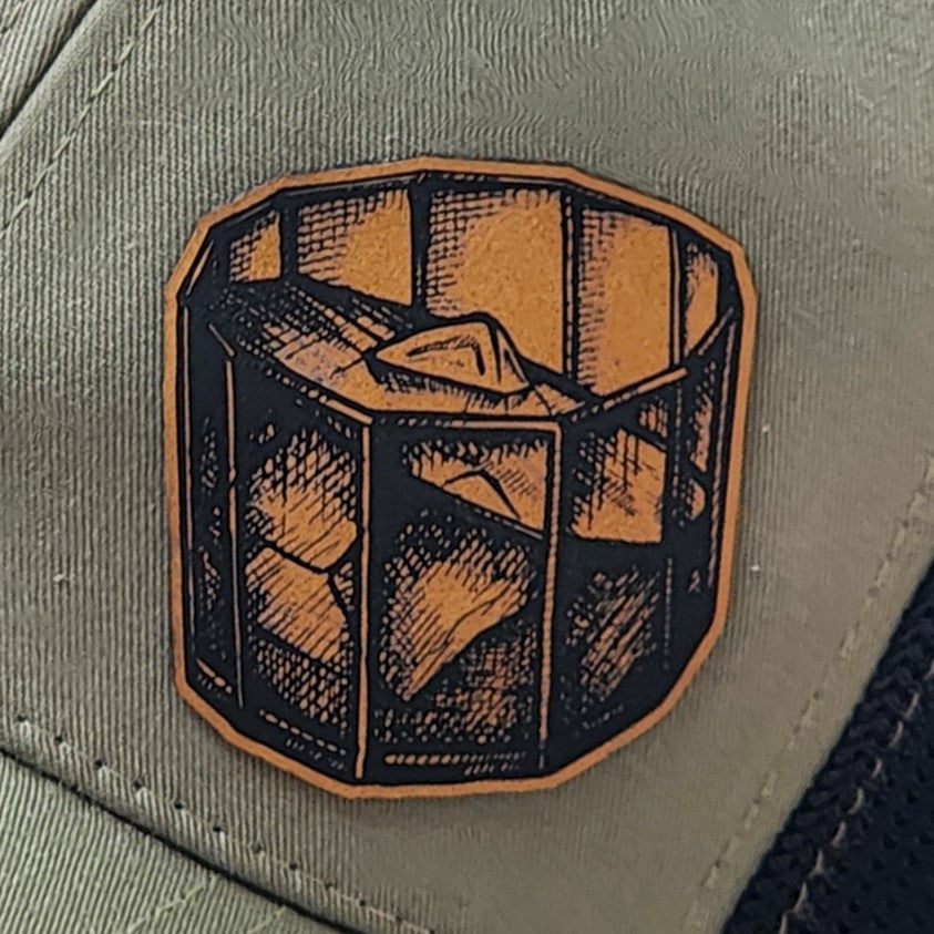 Whiskey glass leatherette hat patch perfect for whiskey lovers and unique hat accessories.