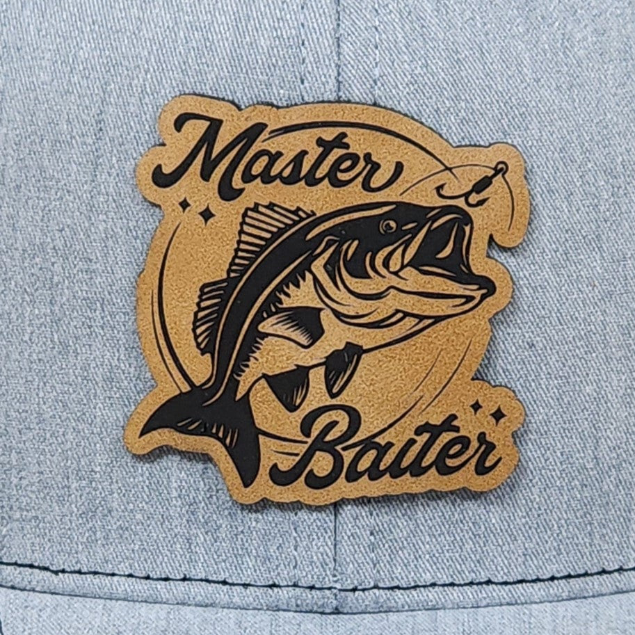 Master Baiter leatherette hat patch featuring a detailed bass fish design, perfect for fishing enthusiasts.