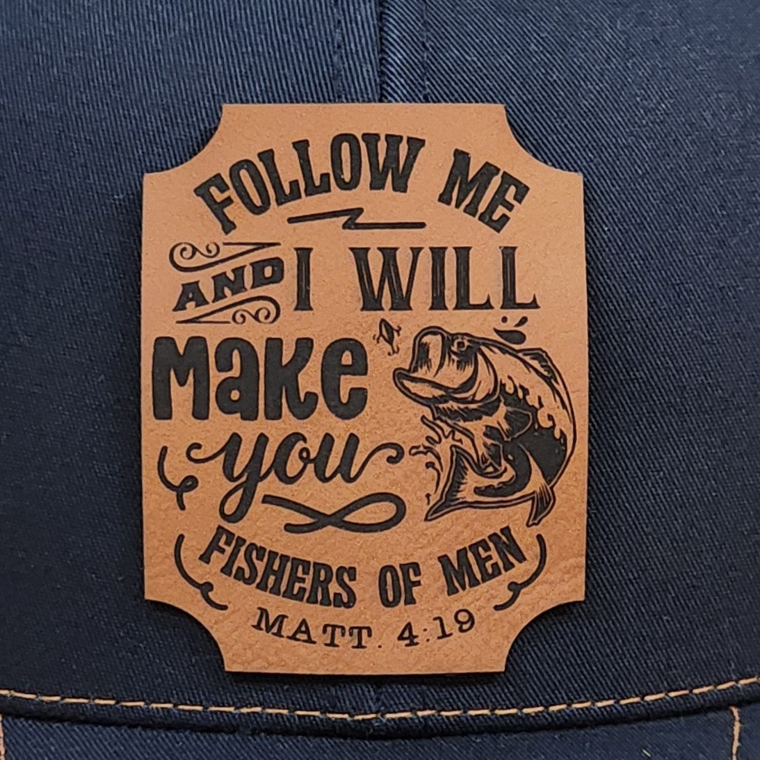 Christian leatherette hat patch, featuring fishers of men design with scripture verse Matt. 4:19 for outdoor enthusiasts.