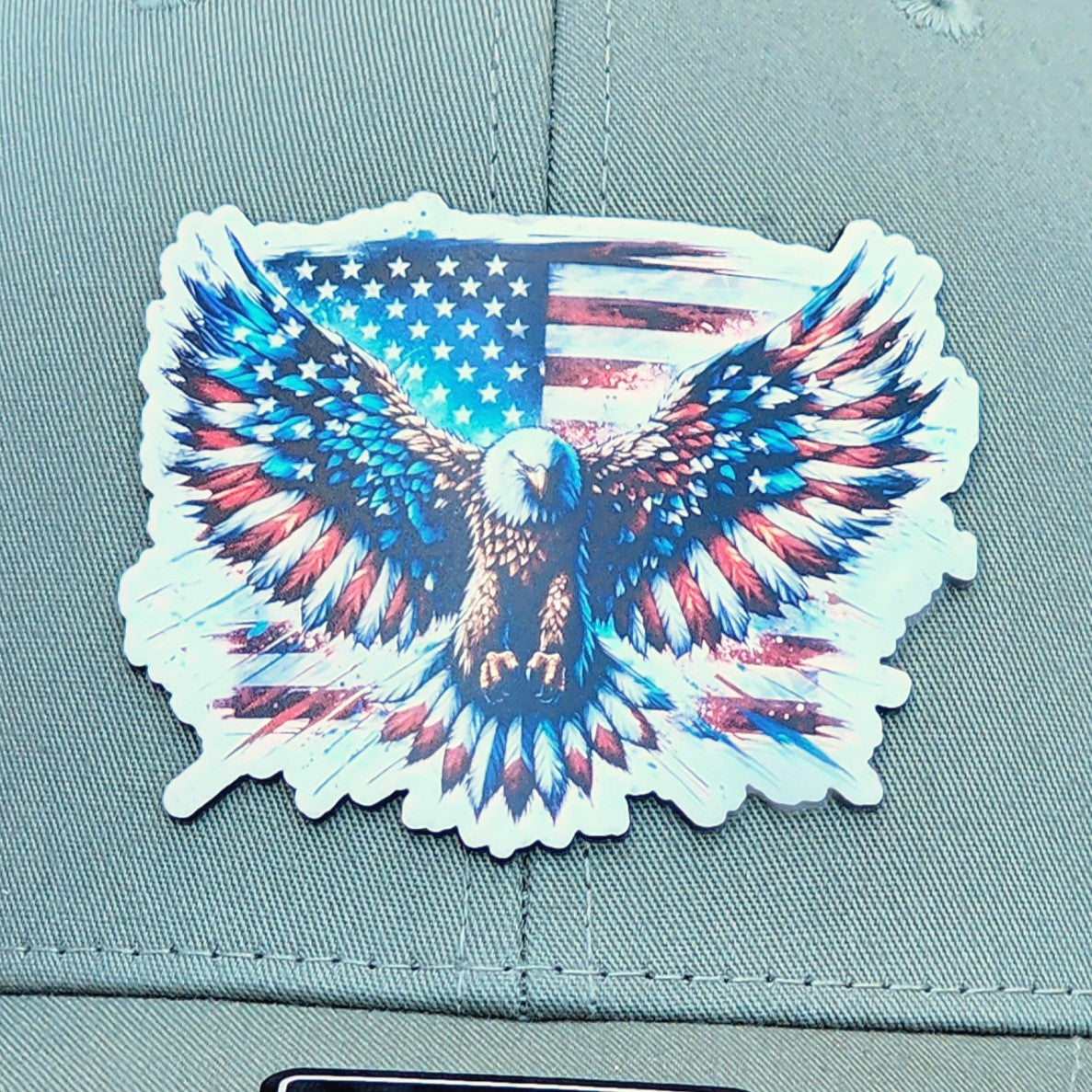 Bold eagle leatherette hat patch with American flag design, perfect for patriotic apparel and outdoor enthusiasts.