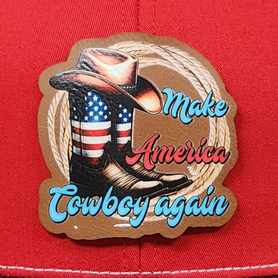 Make America Cowboy Again leatherette hat patch featuring cowboy boots and American flag design.