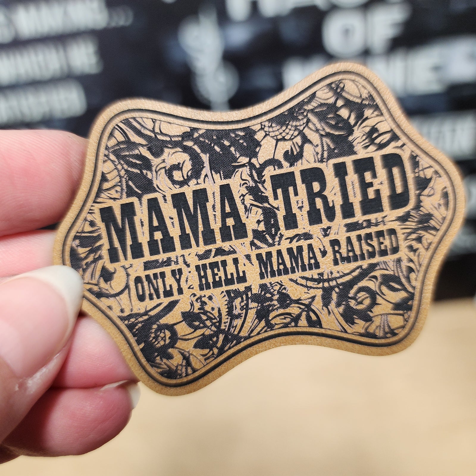 Mama Tried leatherette hat patch, perfect for bold statement hats and gifts, featuring stylish vintage typography.