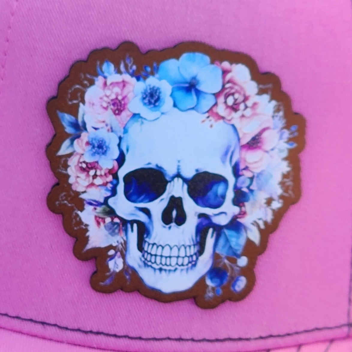 Floral skull leatherette hat patch, perfect for edgy style and unique fashion accessories.