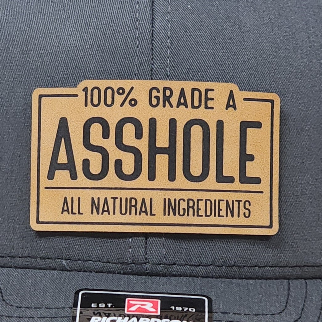 100% Grade A Asshole leatherette hat patch, sarcastic humor accessory for hats, funny gift for friends.