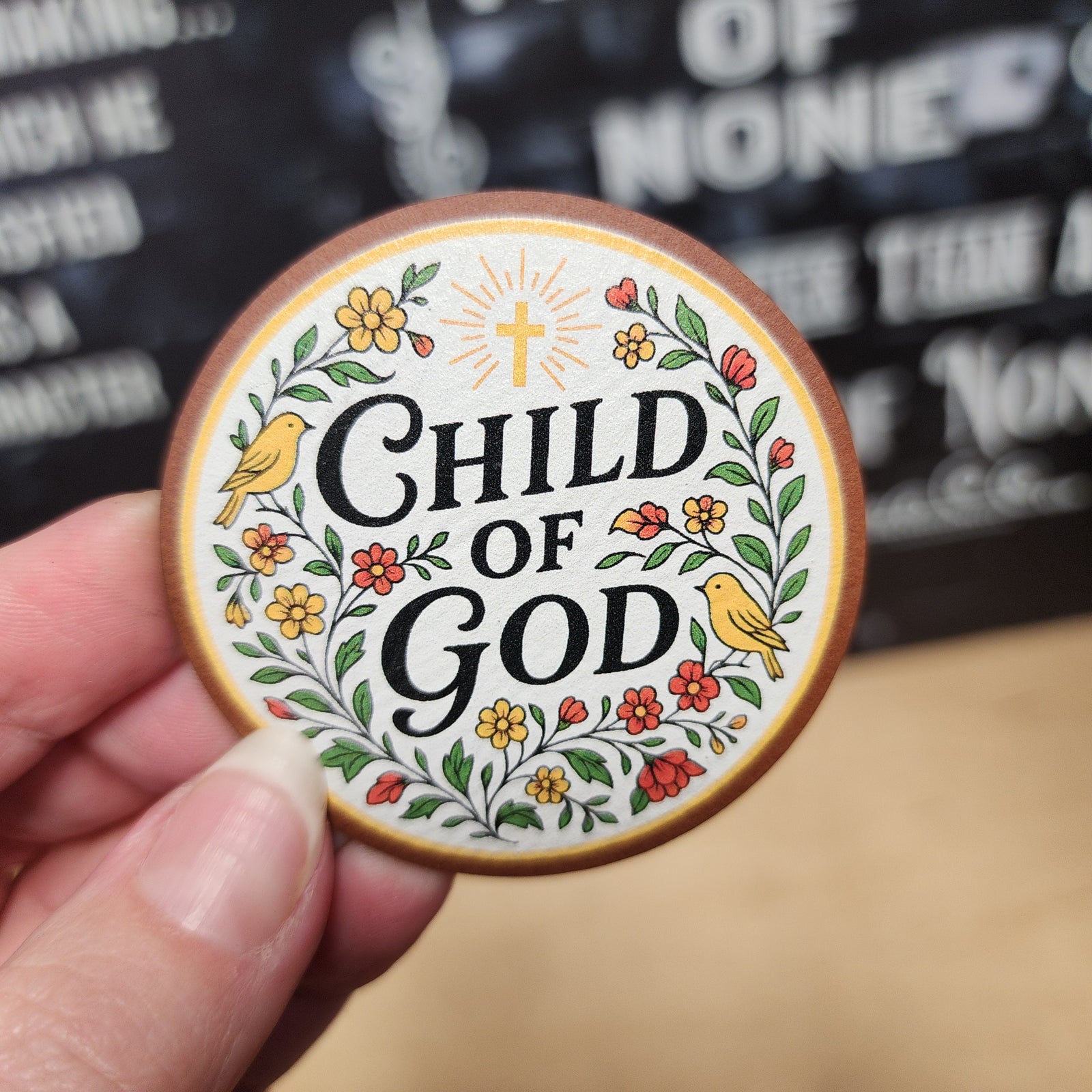 Child of God leatherette hat patch with floral design and cross, perfect for faith-based apparel and accessories.