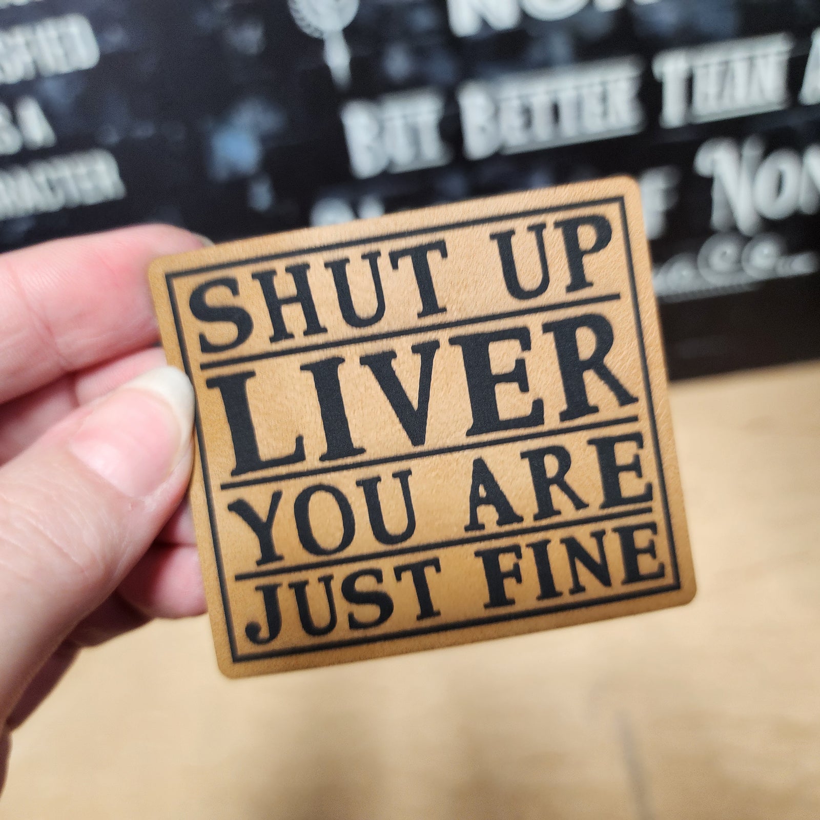 Shut Up Liver leatherette hat patch, perfect for funny gifts and party decor, ideal for craft enthusiasts.