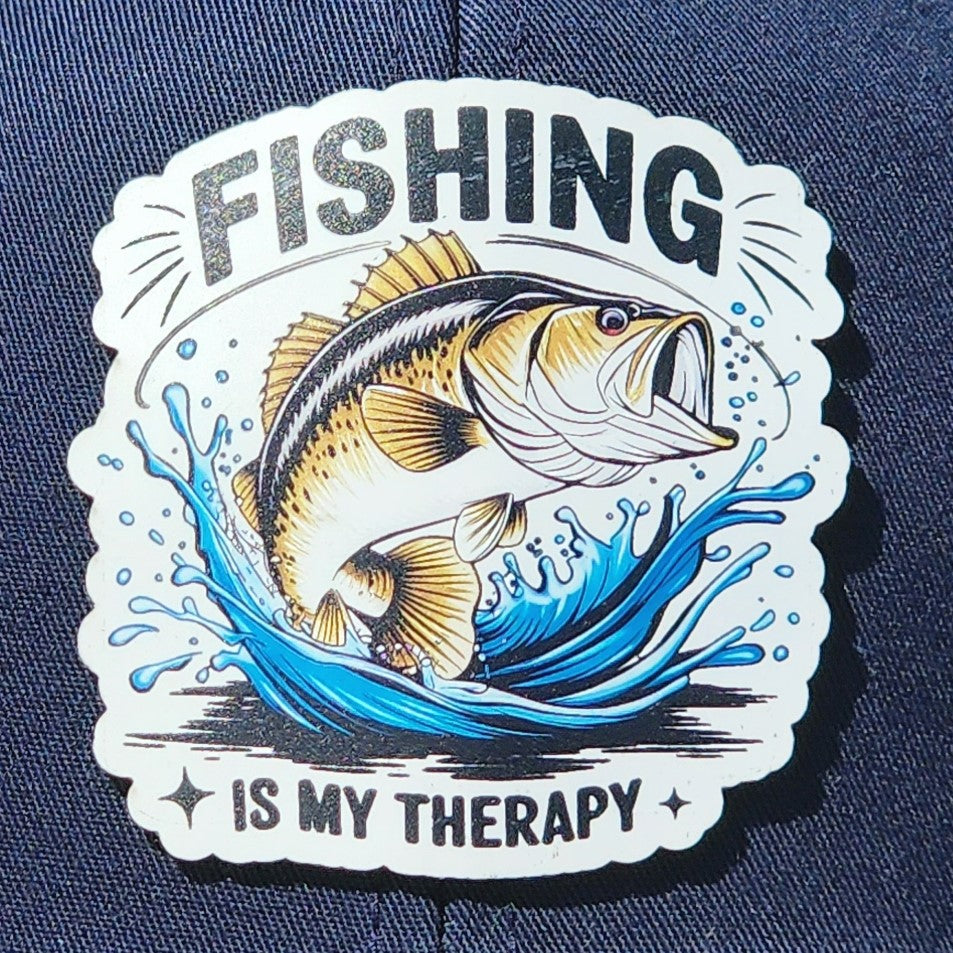 Fishing therapy leatherette hat patch featuring a lively bass fish and splash design, perfect for anglers.