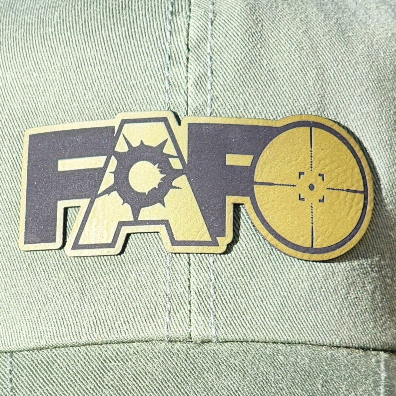 FAFO leatherette hat patch with bold graphics for outdoor enthusiasts, perfect for tactical or hunting gear.