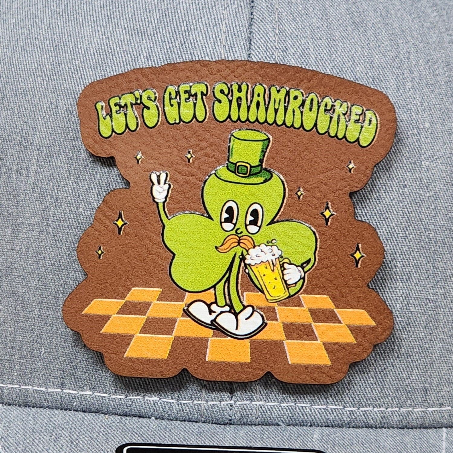 St. Patrick's Day leatherette hat patch featuring a shamrock with a beer, perfect for festive celebrations.